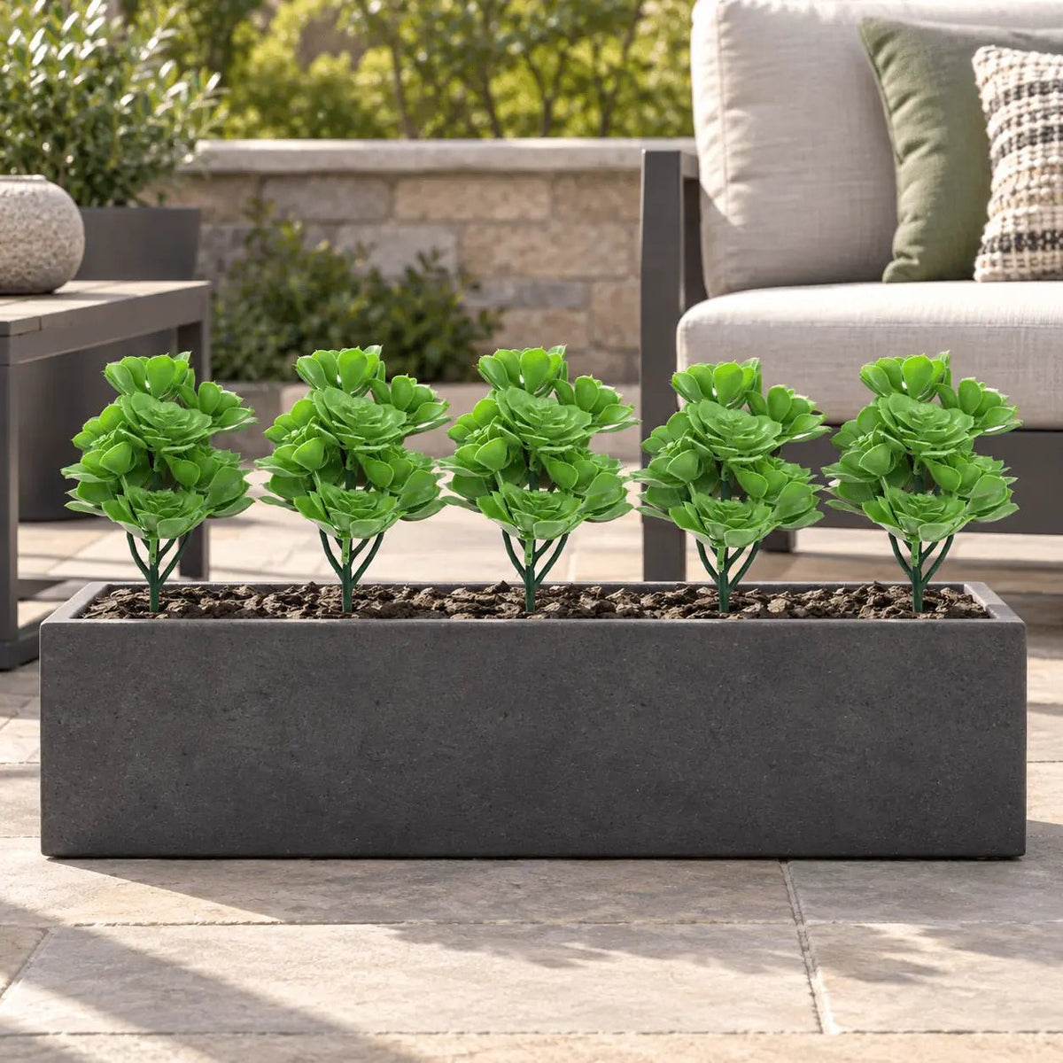 Set of five 11.8-inch UV-resistant green artificial aeonium stems installed in an outdoor planter