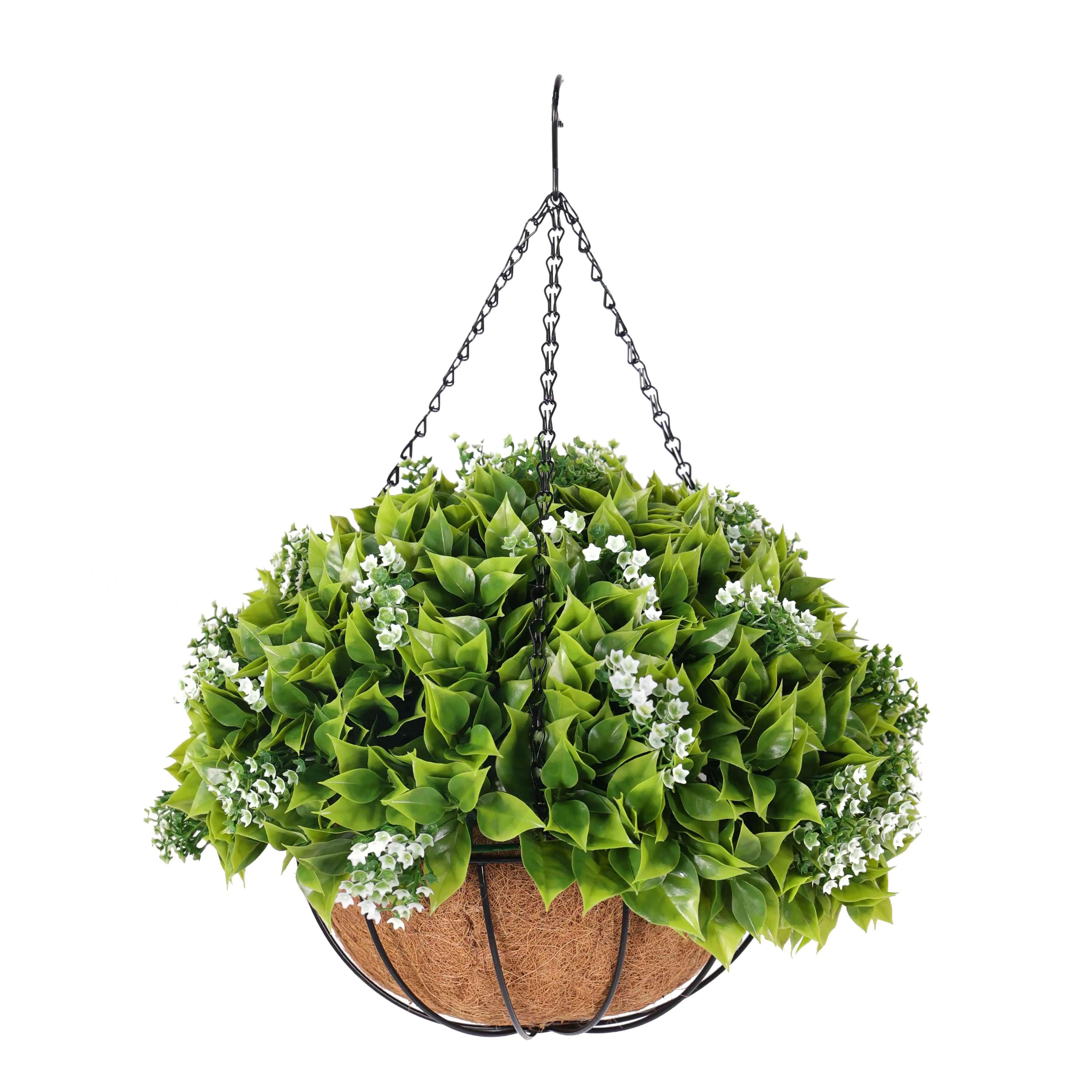 18 inch hanging planter Hanging Artificial Wide Leaf Buxus Flowering Basket 18" UV Resistant