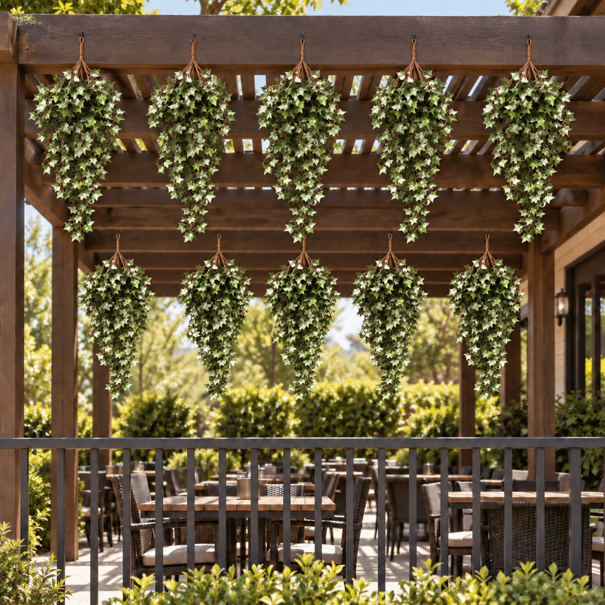 Set of ten 31.5-inch UV-resistant artificial hanging ivy bushes installed under an outdoor restaurant pergola