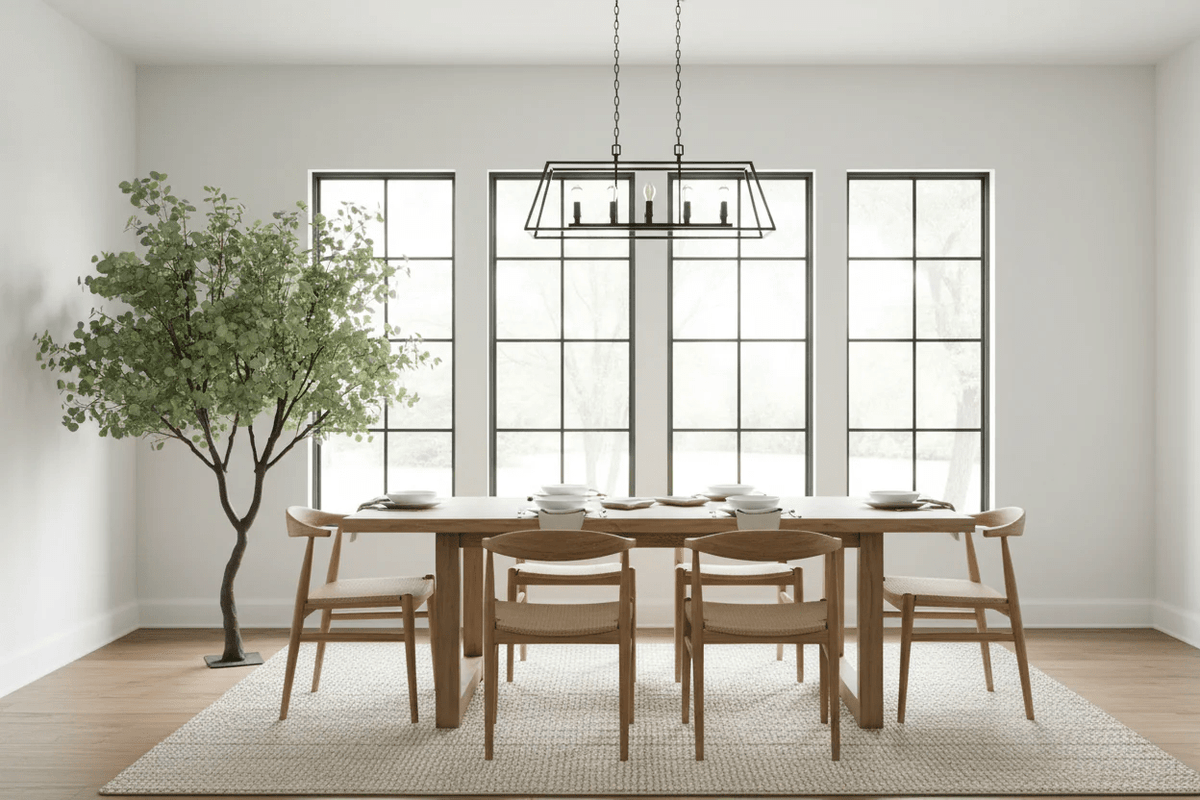 Dining room with wooden table and chairs, large windows, and a tree.