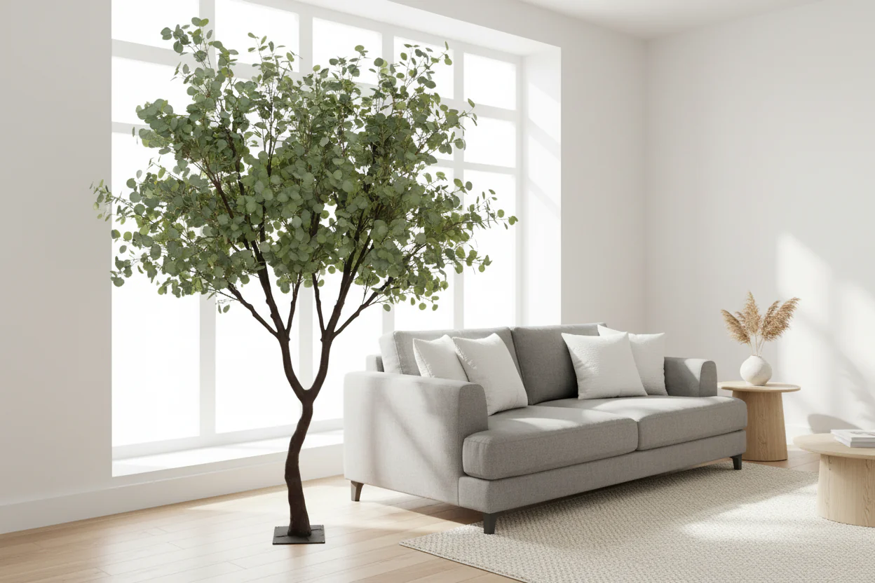Living room with a gray sofa, decorative plant, and small table.
