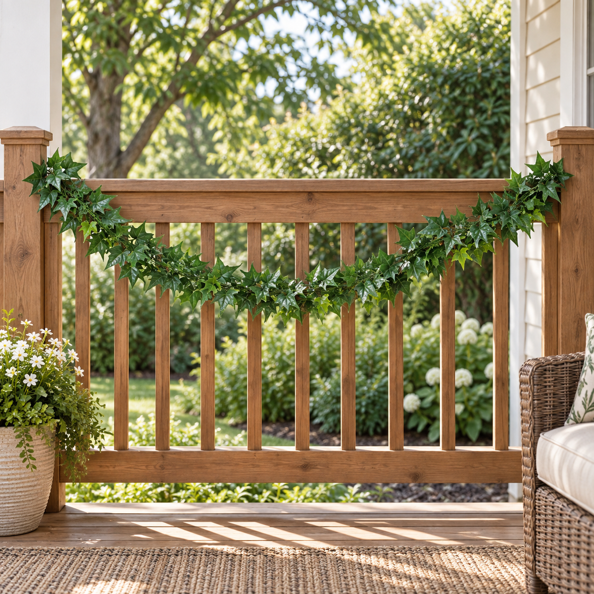 63-inch UV-resistant artificial ivy garland draped across an outdoor cedar railing