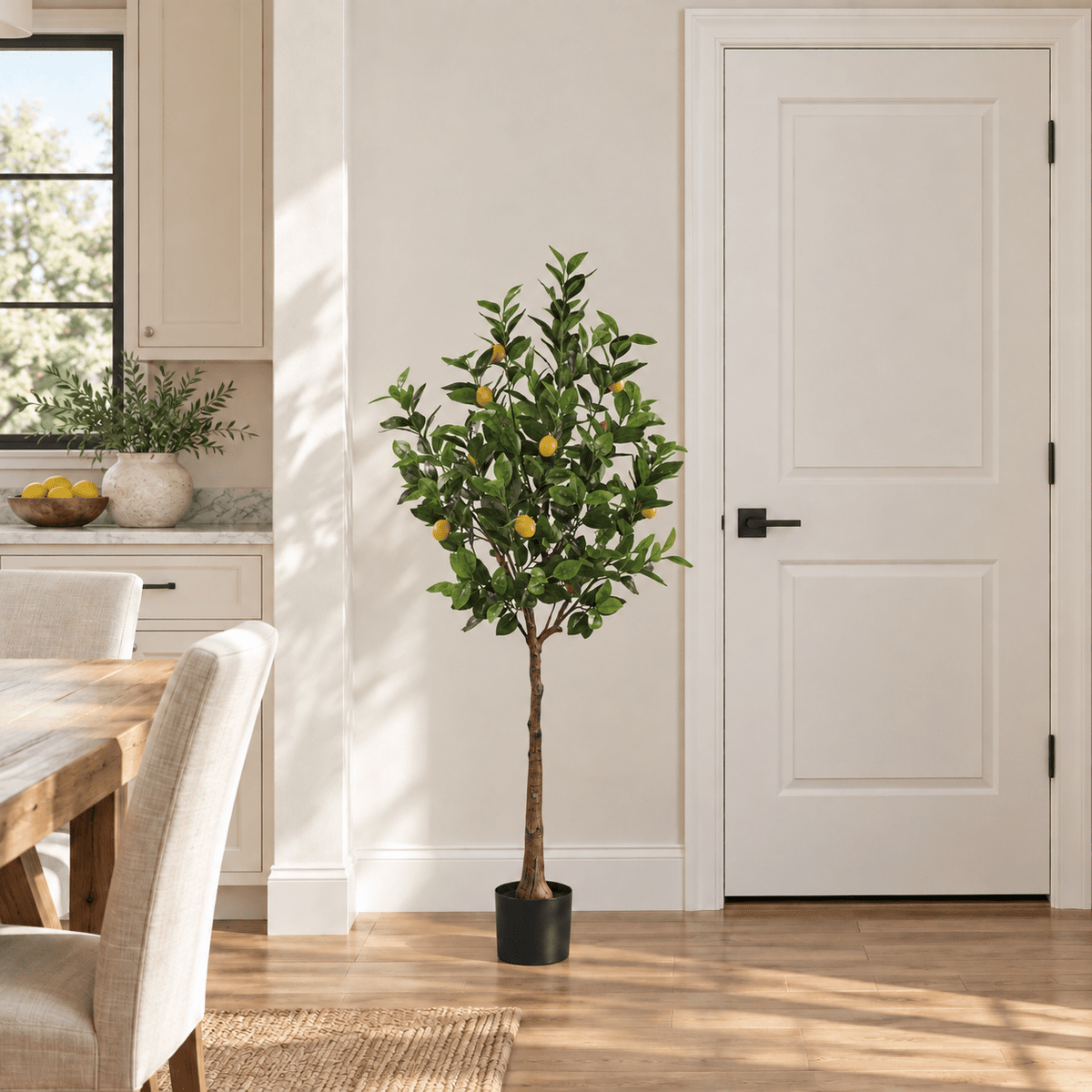 63-inch Lemon artificial tree with yellow fruit in its black nursery pot in an indoor dining area