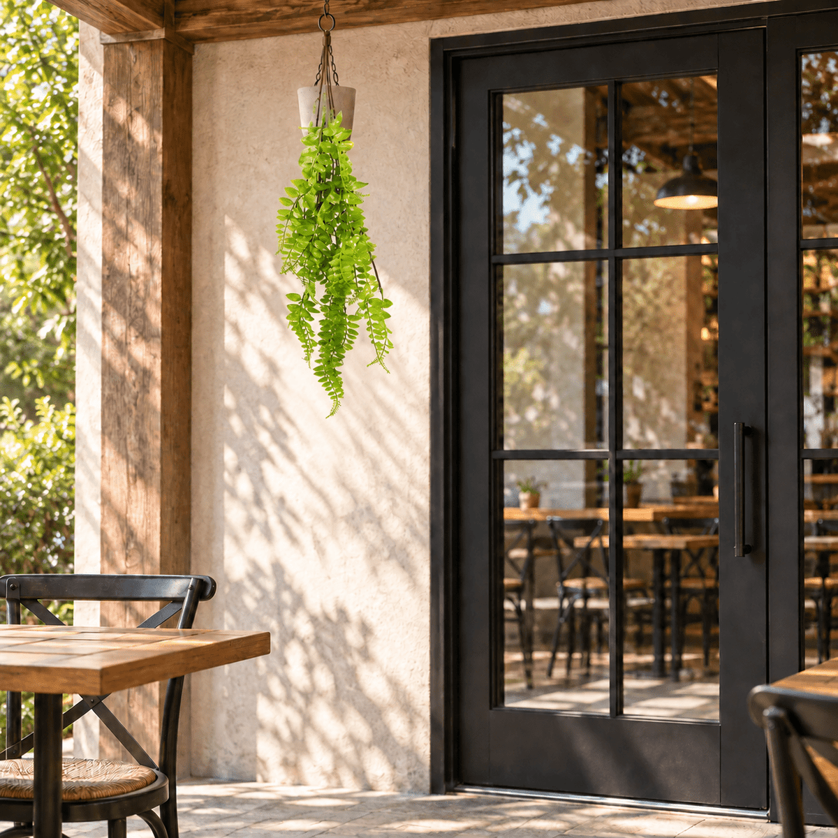 31-inch UV-resistant light green button fern artificial hanging plant on a covered café patio