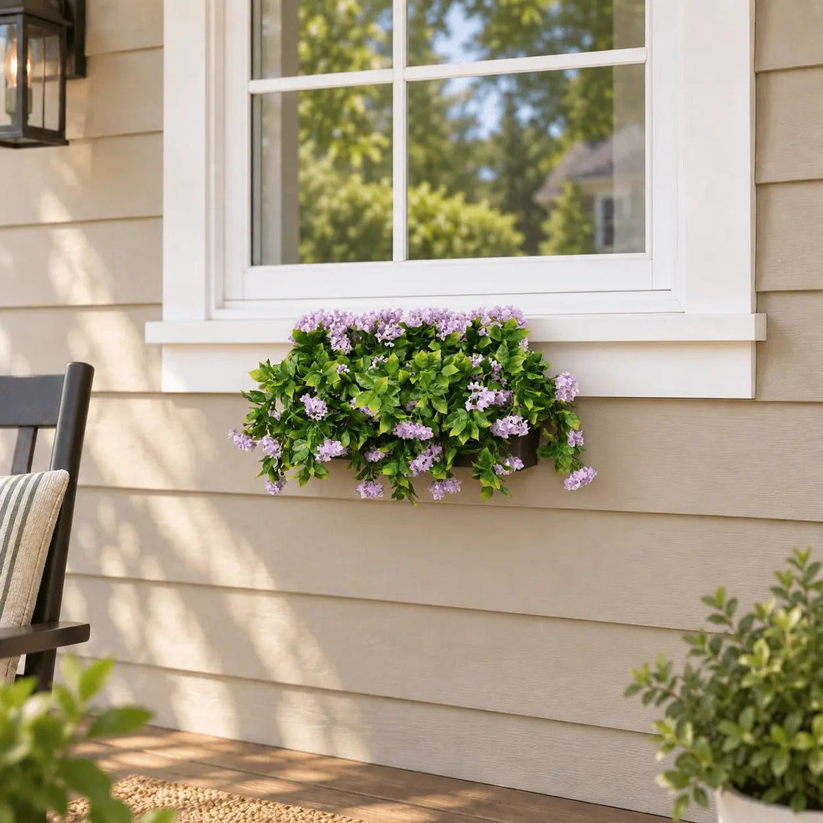 20 by 14-inch UV-resistant artificial lilac window box mounted outdoors