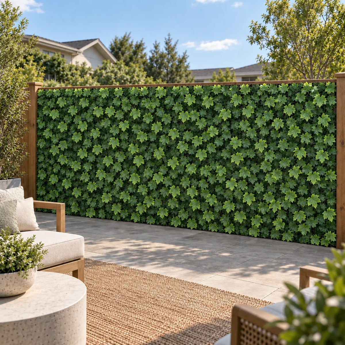 Maple artificial green wall panels installed seamlessly across a full-height outdoor timber fence – SKU 25793