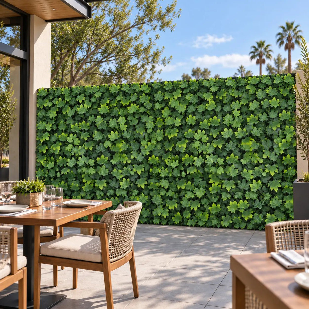 Maple artificial green wall panels forming a seamless outdoor restaurant privacy wall – SKU 25793
