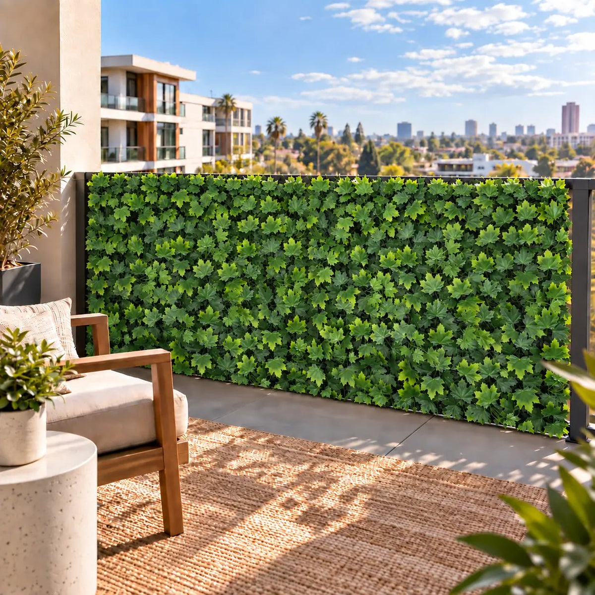 Two seamlessly joined Maple artificial green wall panels installed on an outdoor balcony railing – SKU 25793
