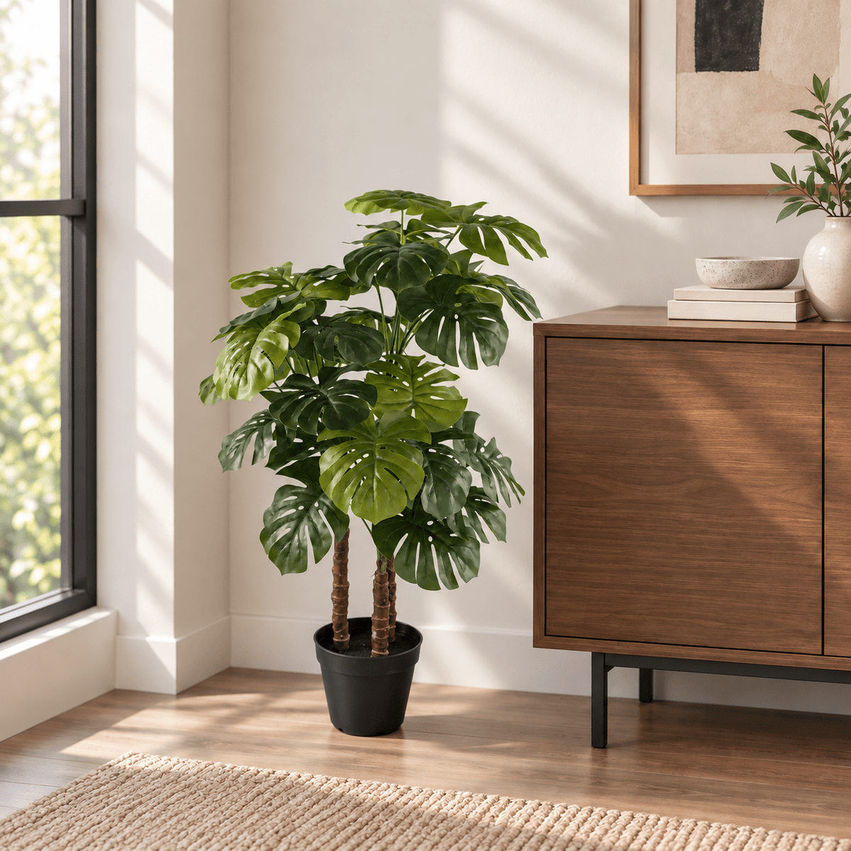 39.4-inch Monstera artificial tree in its black nursery pot beside an indoor credenza