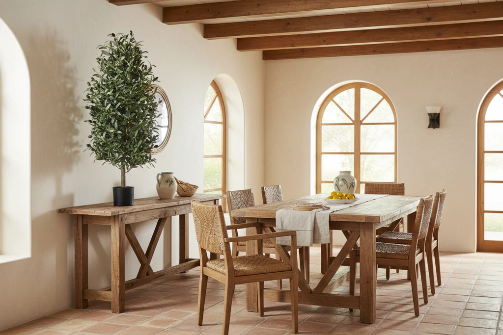 Dining room with wooden table and chairs, large windows, and a faux olive plant.