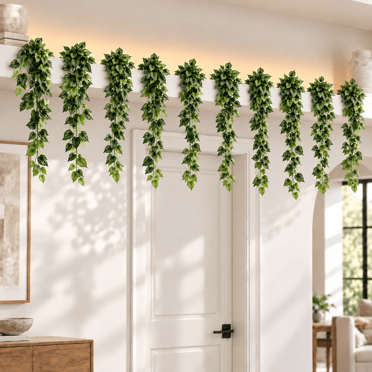 Set of 10 artificial philodendron hanging vine stems displayed indoors at realistic 40-inch scale