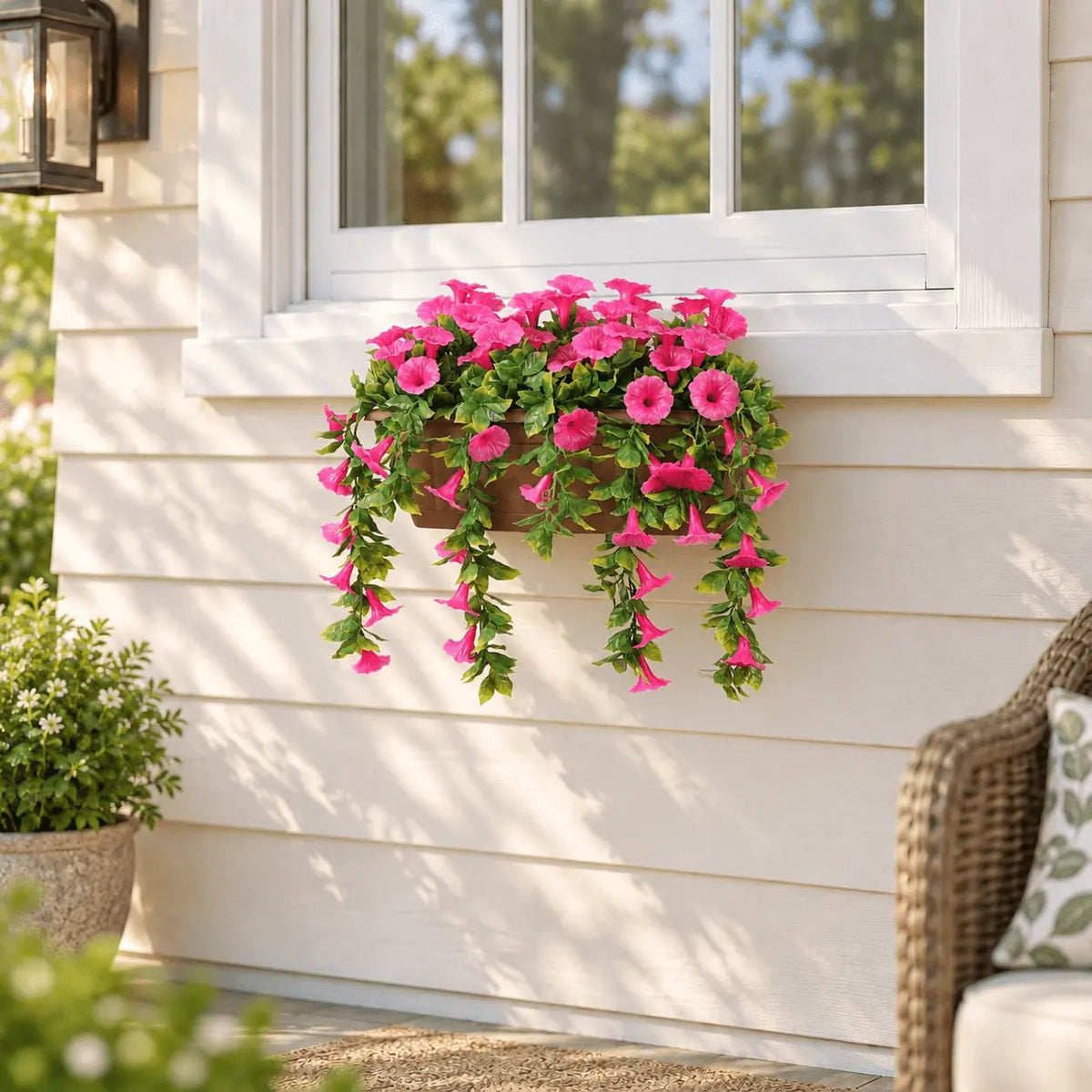 20 by 14-inch UV-resistant artificial pink petunia window box mounted outdoors