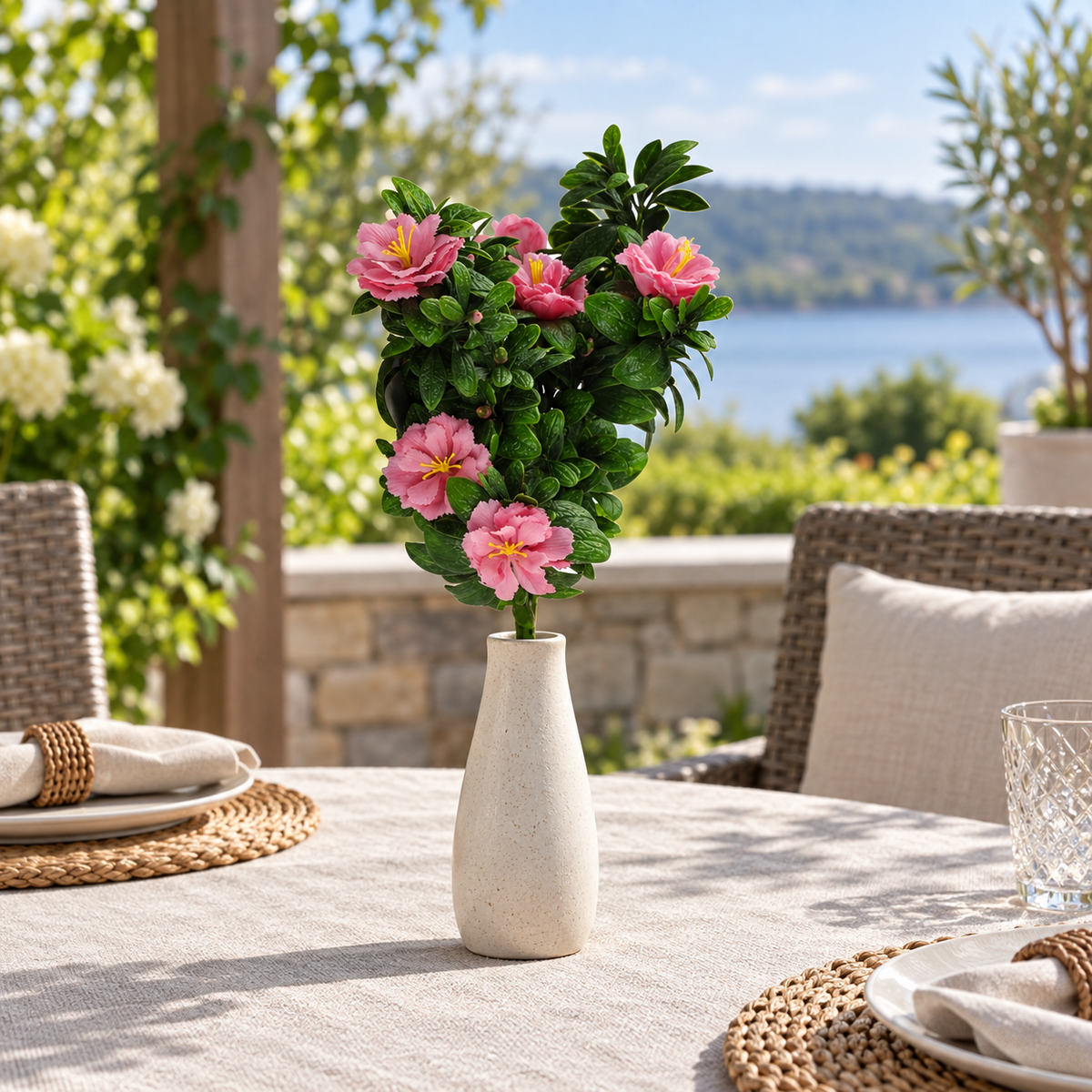 18-inch UV-resistant pink rose artificial bunch displayed in a vase on a covered patio table