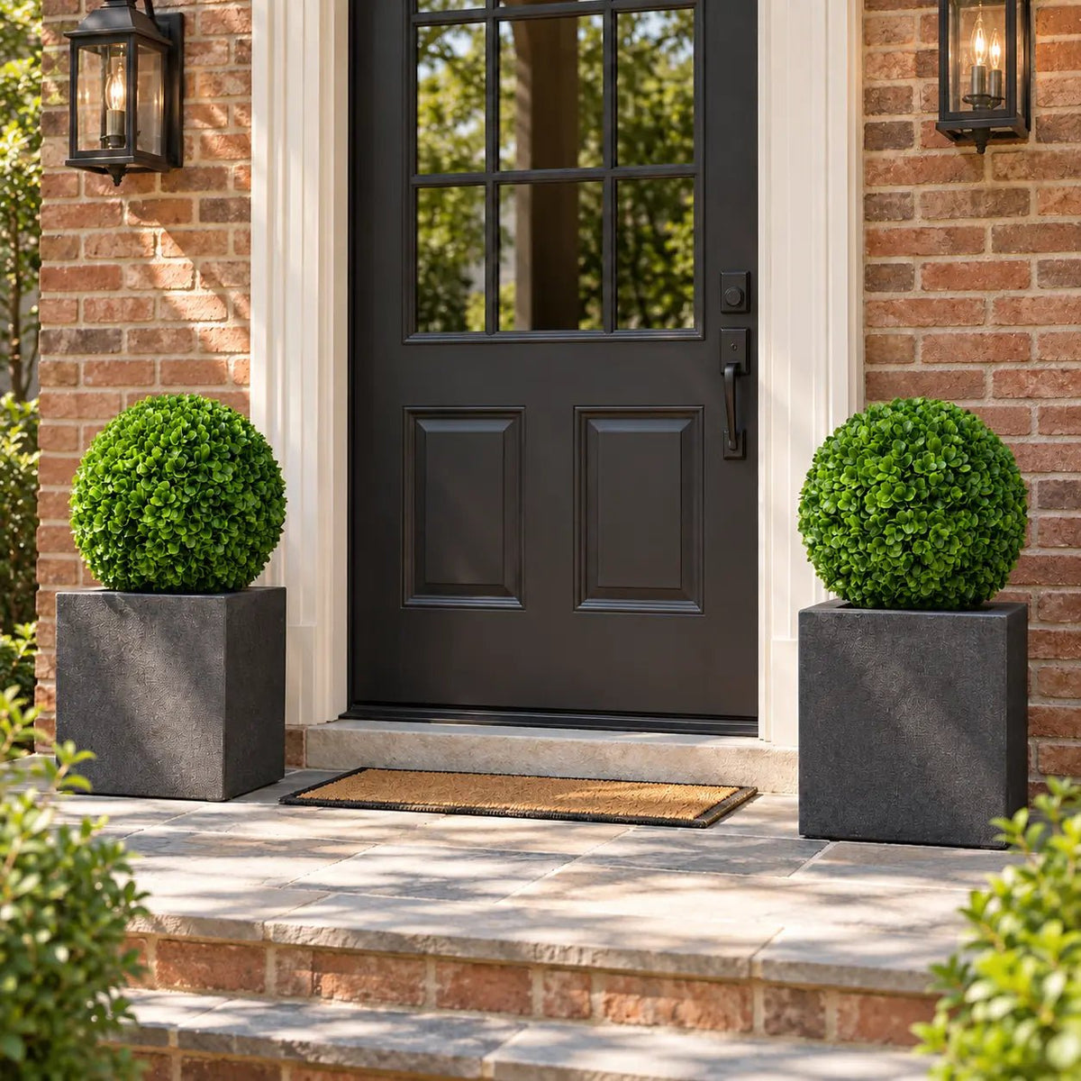 Set of two 17-inch UV-resistant artificial Rose Clover topiary balls at a US brick entry