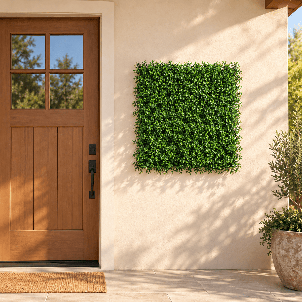 40 by 40-inch UV-resistant artificial ruscus green wall panel installed beside an outdoor entry door