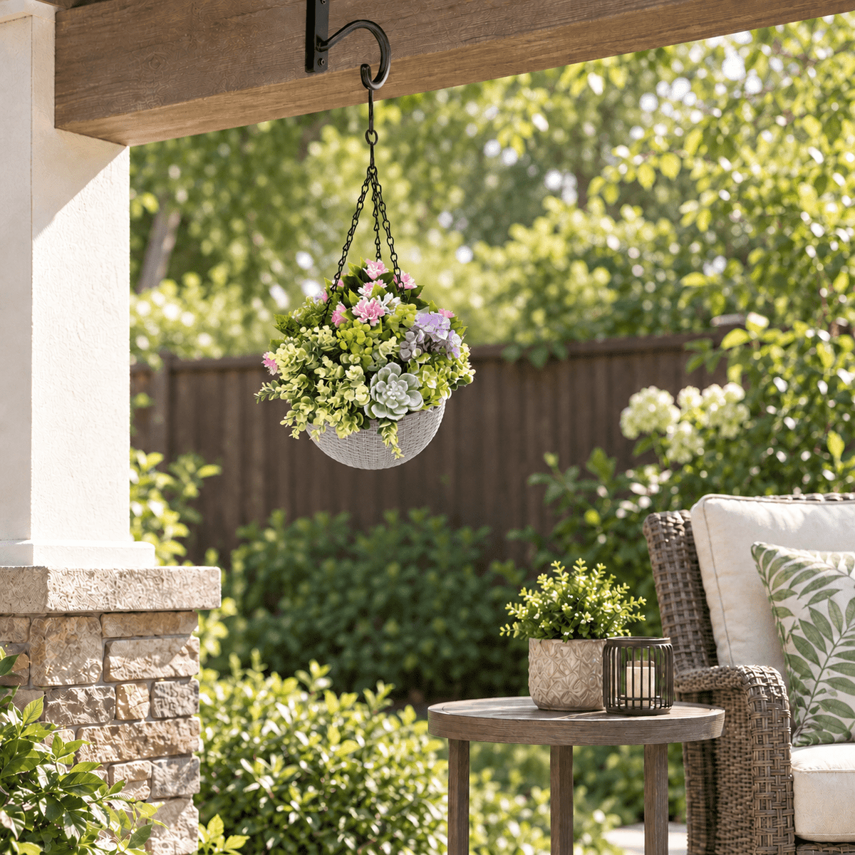 14-inch UV-resistant artificial succulent hanging basket on a sheltered patio