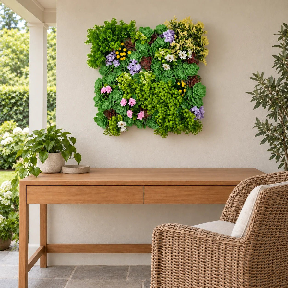 Artificial succulent wall panel above a timber console on a covered veranda