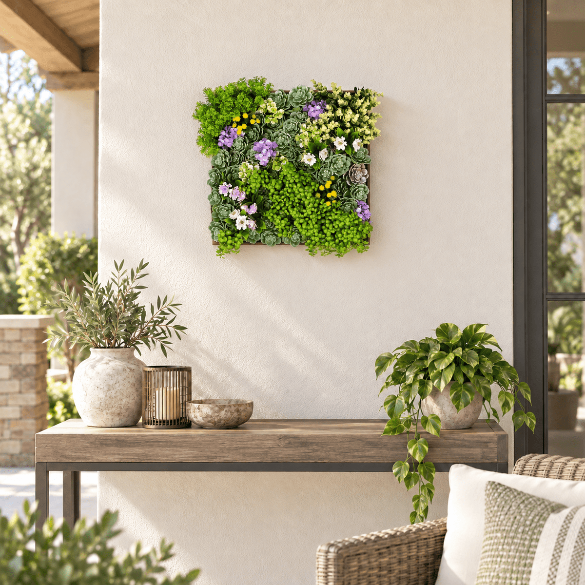 20-inch UV-resistant artificial moss and succulent wall art frame mounted on a covered outdoor patio