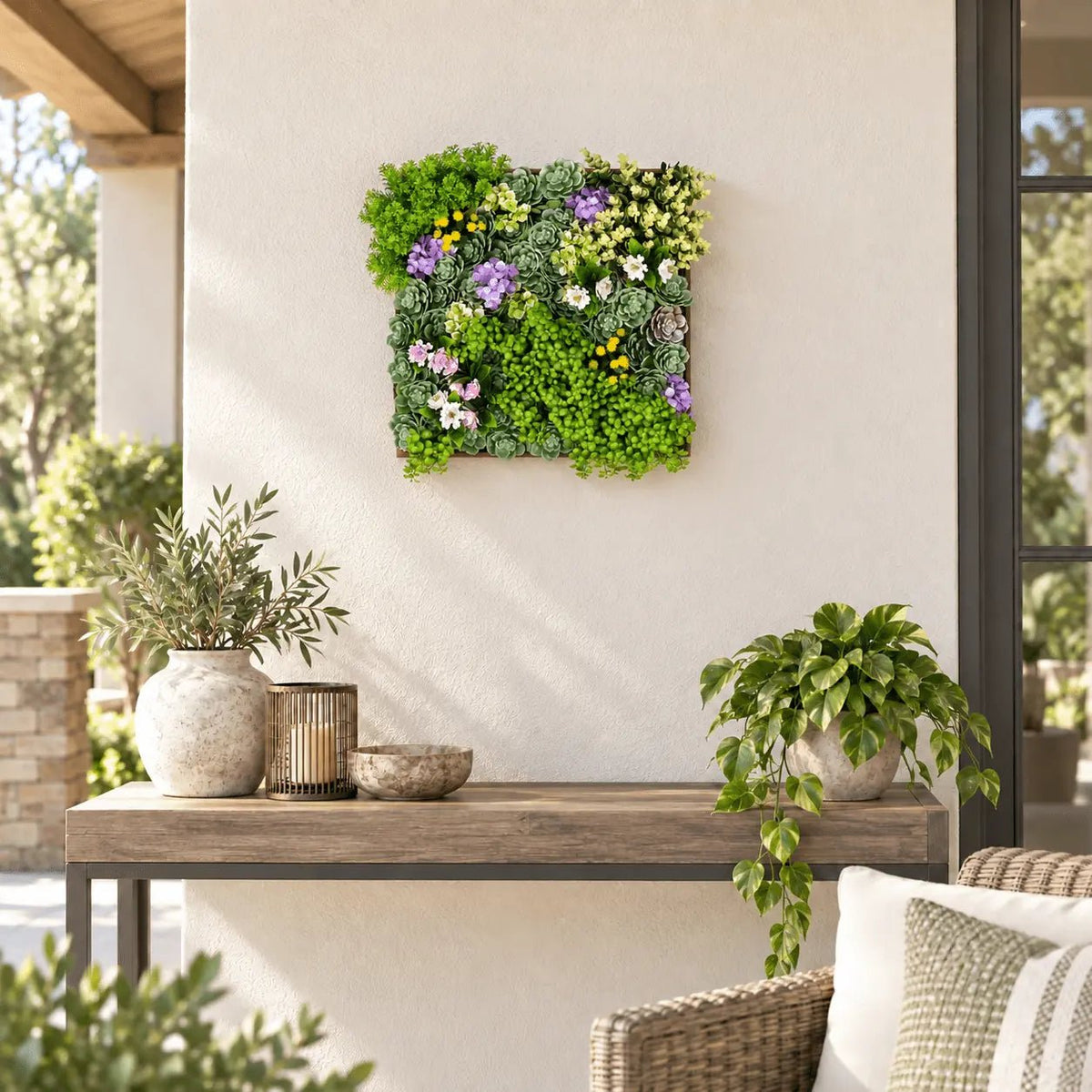 20-inch UV-resistant artificial moss and succulent wall art frame mounted on a covered outdoor patio