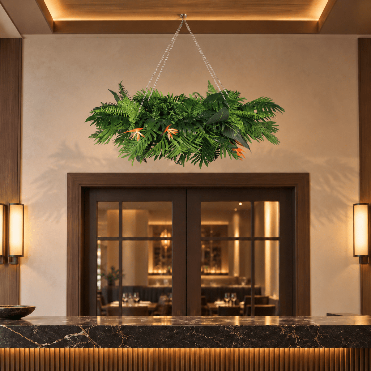 40-inch tropical artificial plant arrangement suspended over an indoor restaurant reception counter