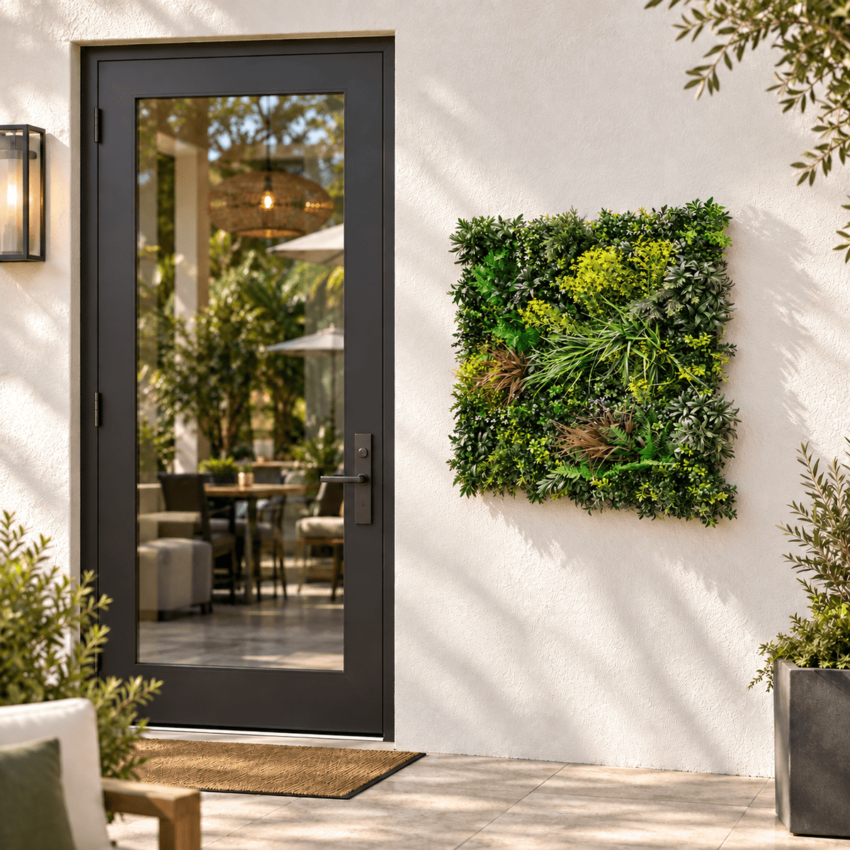 Tropical Vibe artificial vertical garden panel installed outdoors at realistic 35 by 35 inch scale