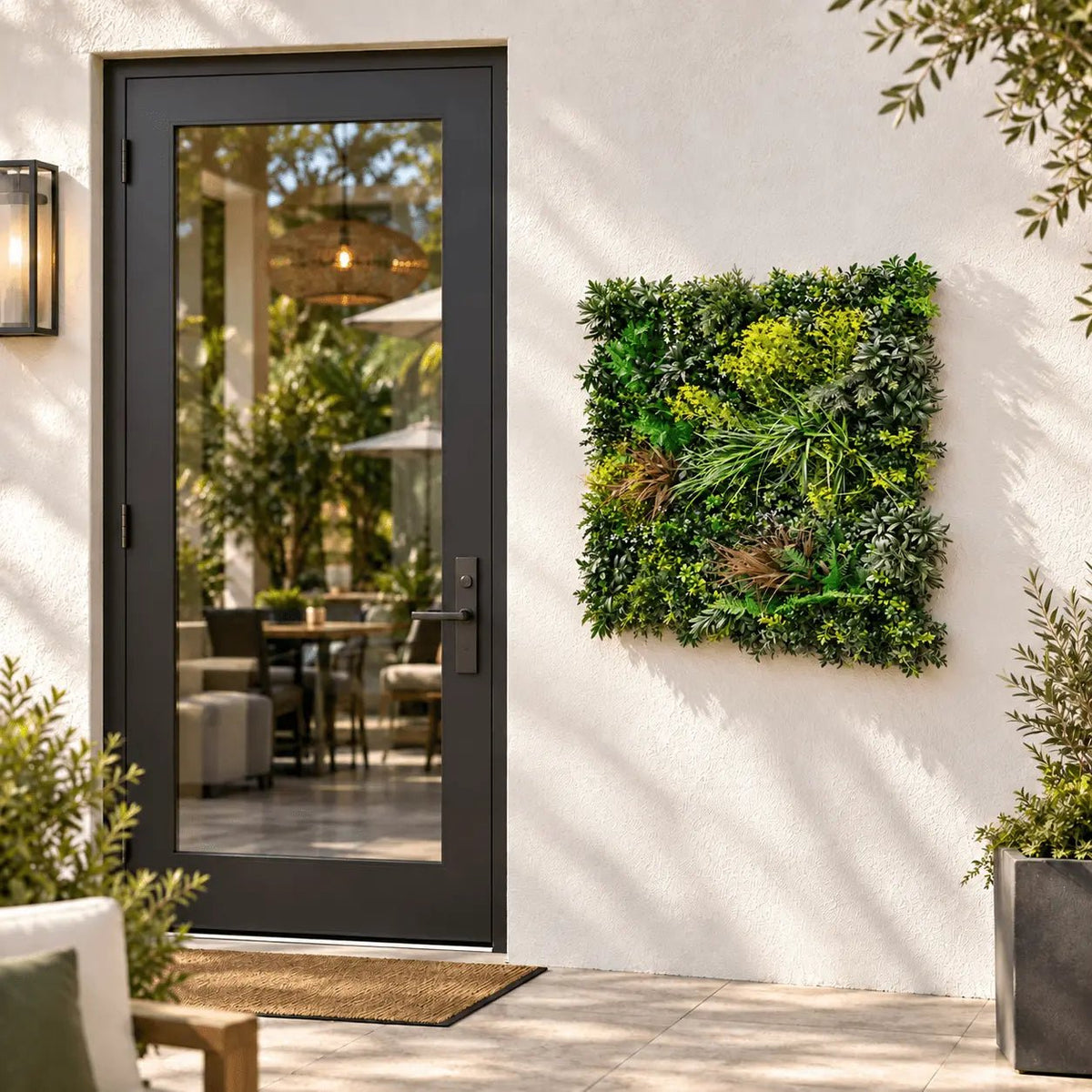 Tropical Vibe artificial vertical garden panel installed outdoors at realistic 35 by 35 inch scale