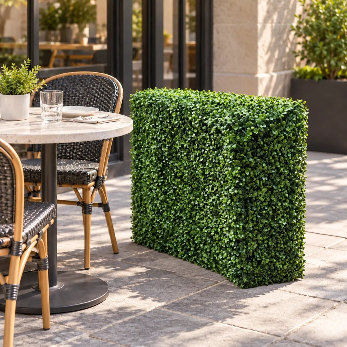 Single 30 by 30-inch UV-resistant two-tone artificial boxwood hedge on a US outdoor café patio
