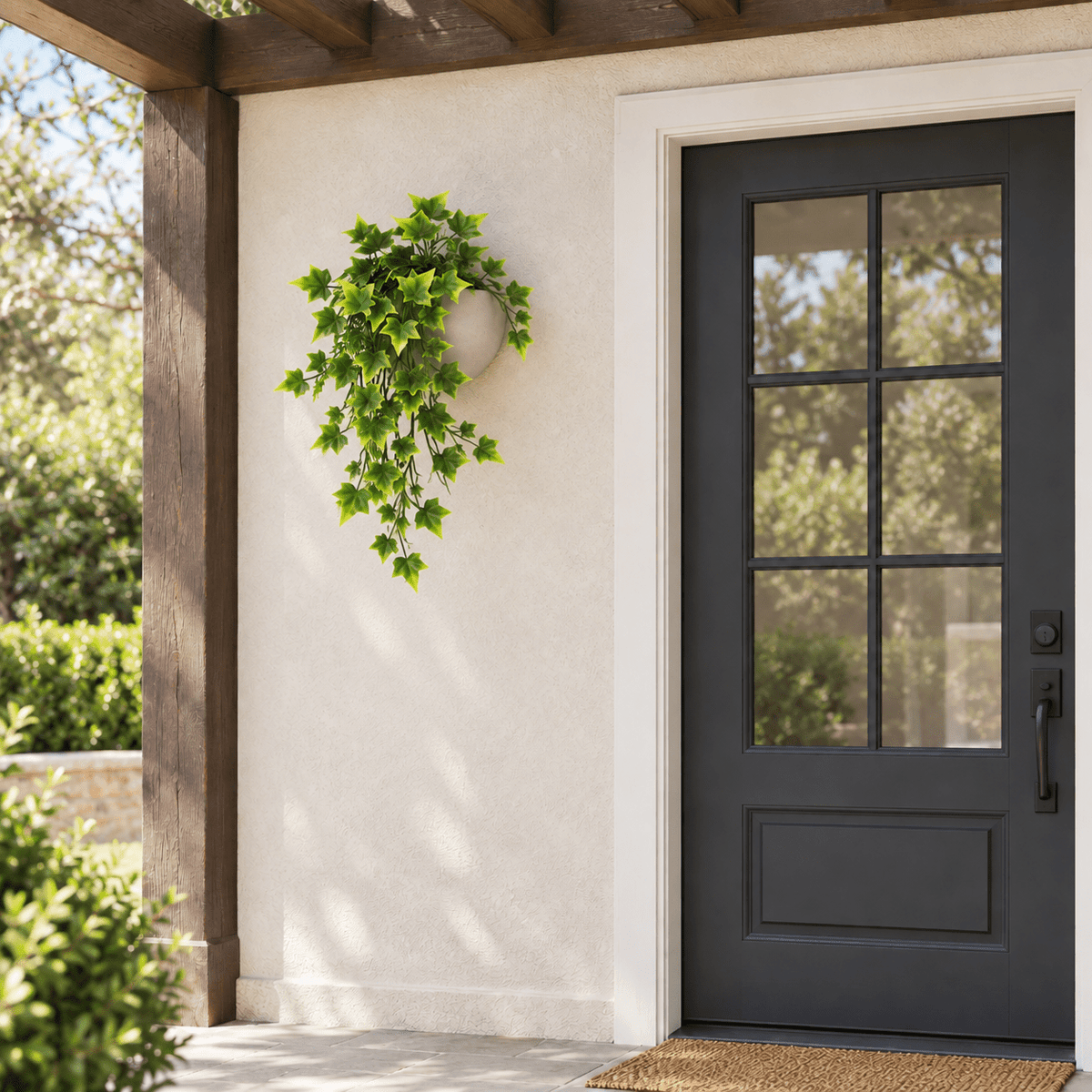 31-inch UV-resistant two-tone bright-tipped ivy artificial hanging bush on a covered patio