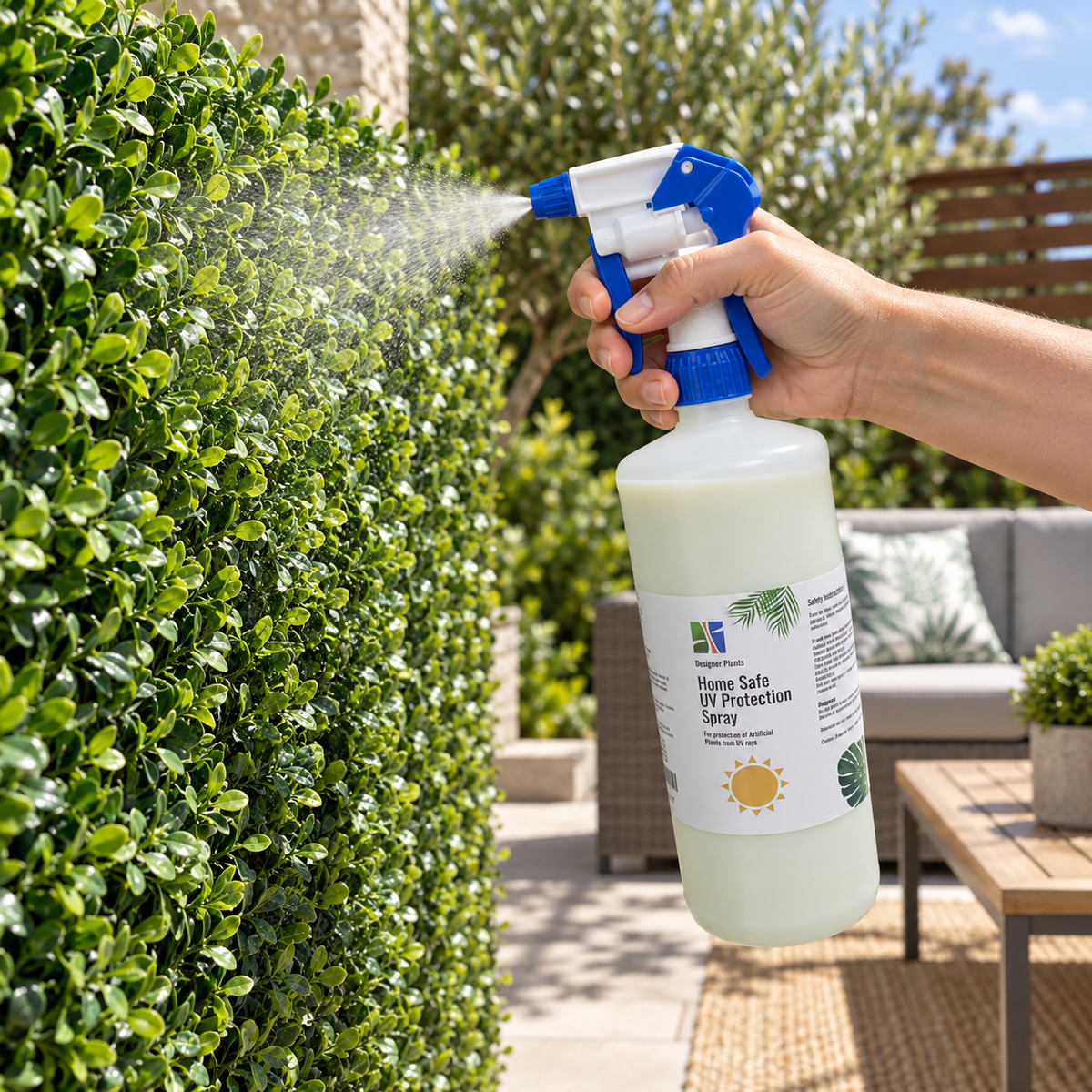 Home Safe UV Protection Spray being applied to an outdoor artificial hedge