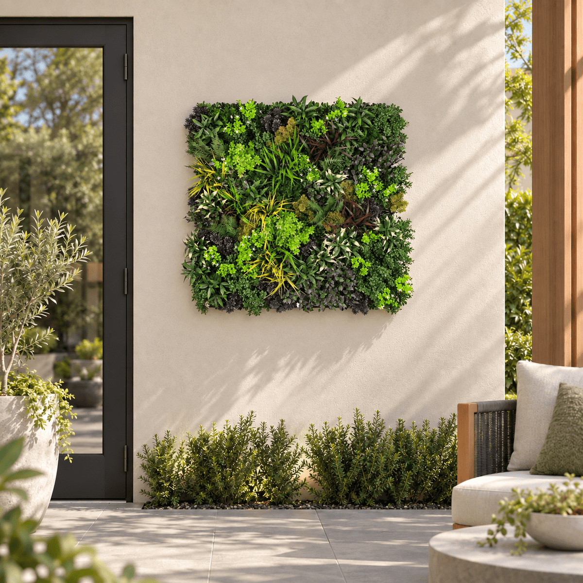Vivid Green Floral Fusion artificial vertical garden panel installed outdoors at realistic 40 by 40 inch scale