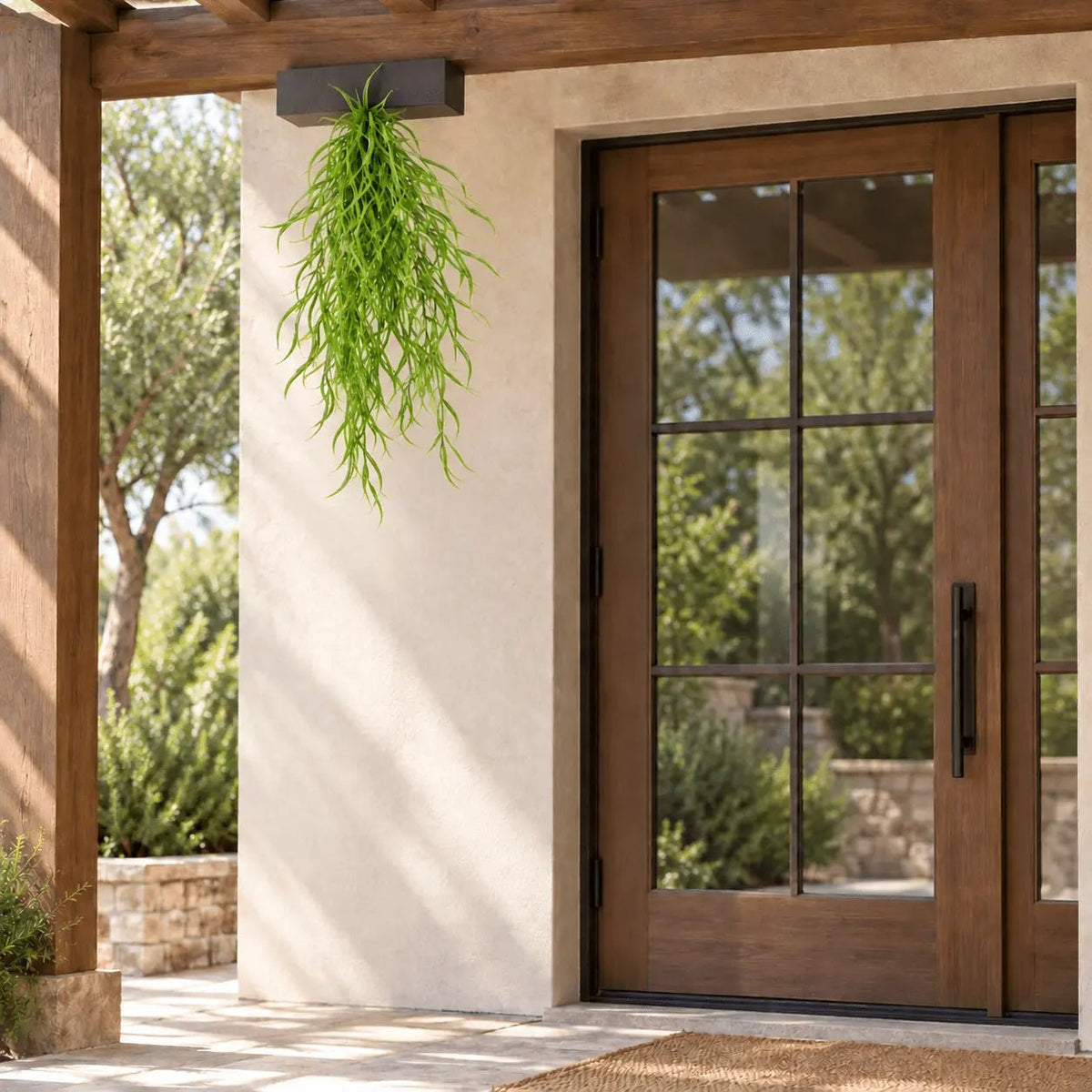 37-inch UV-resistant weeping willow grass artificial hanging bush beneath an outdoor pergola