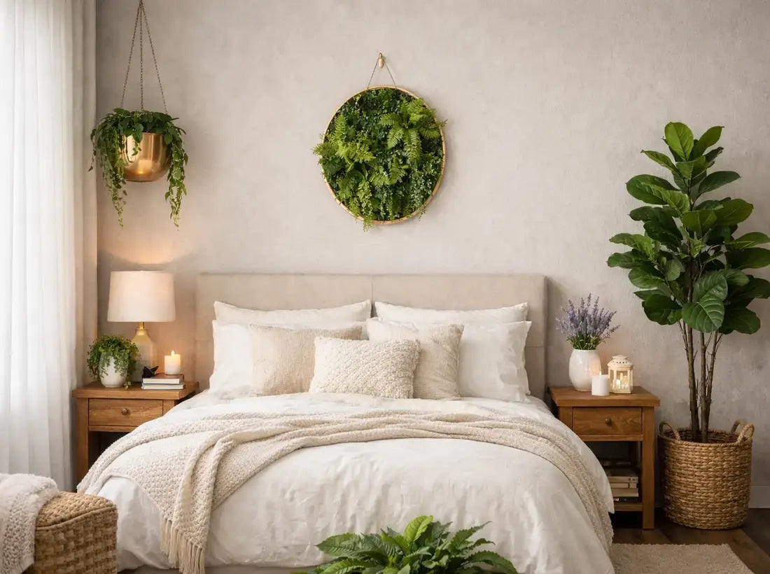Calming bedroom with faux plants green wall decor neutral interior bedroom