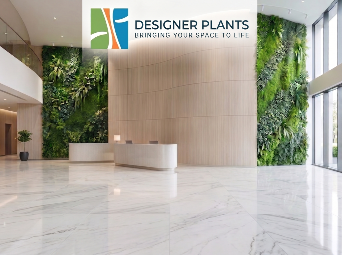 Commercial lobby artificial plant install designer plants logo