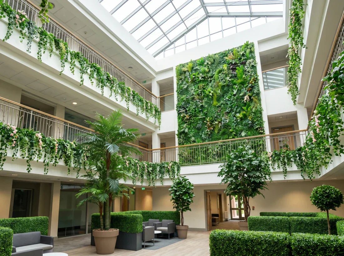 Modern indoor atrium featuring artificial green walls hanging ivy garlands and potted faux palms