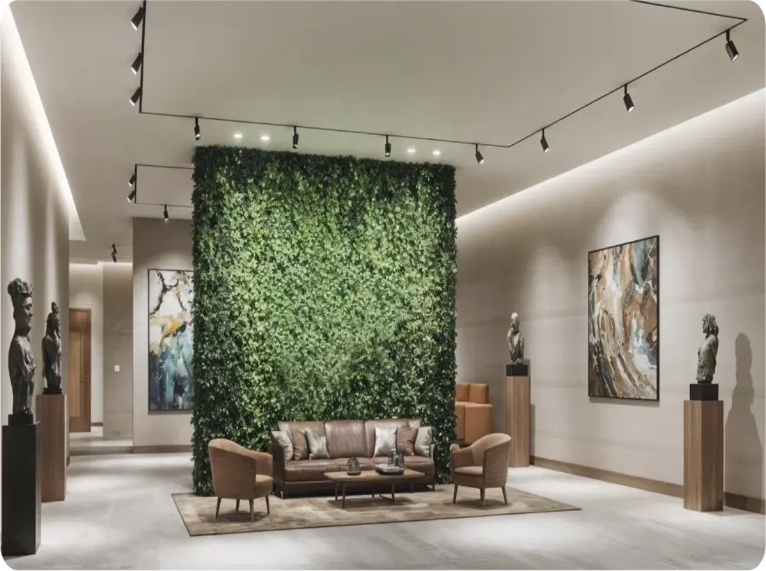 Elegant modern interior design with green wall and statues