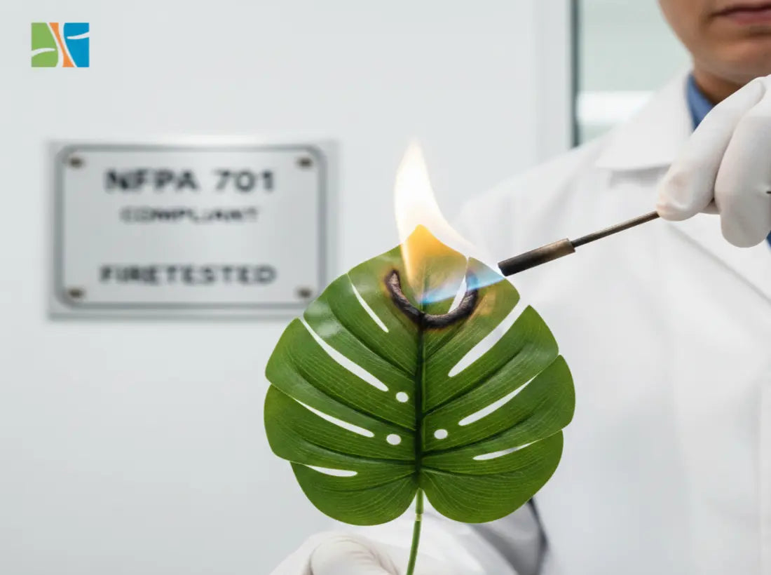 Laboratory fire safety test on an NFPA 701-compliant artificial monstera leaf showing self-extinguishing properties under a direct flame.