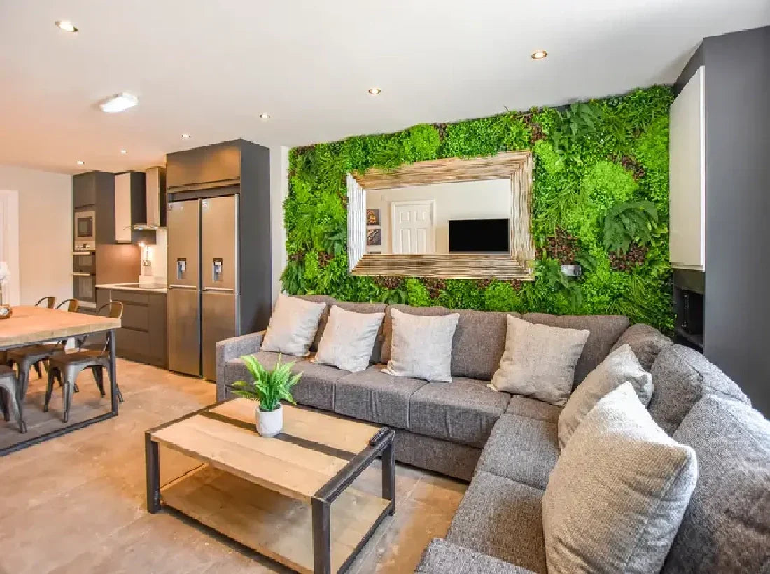living room with artificial garden wall panel