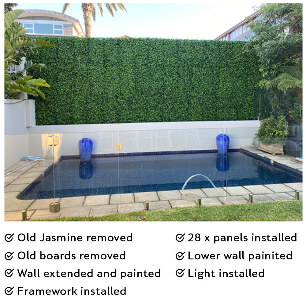 A picture of a pool with the Jasmine Artificial Green Wall 40" x 40" 11SQFT Commercial Grade UV Resistant.