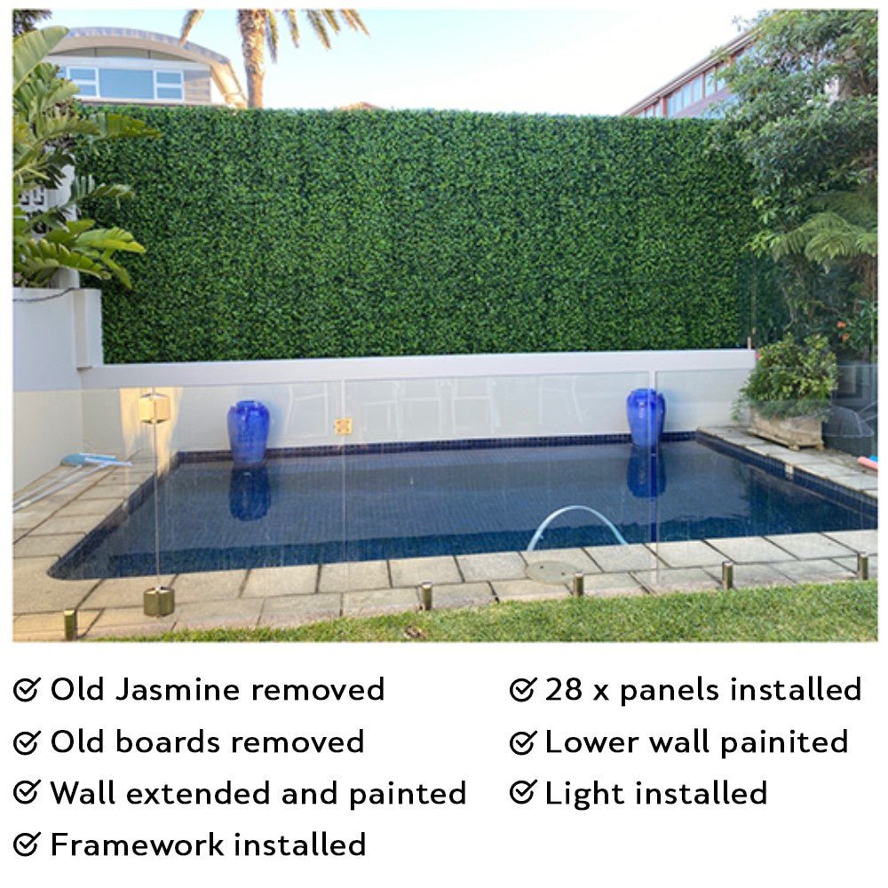 A picture of a pool with the Jasmine Artificial Green Wall 40" x 40" 11SQFT Commercial Grade UV Resistant.