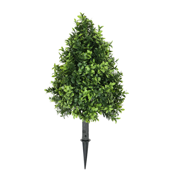 14-Inch Faux Boxwood Topiary Shrub with Ground Spike – UV-Resistant Artificial Boxwood Hedge