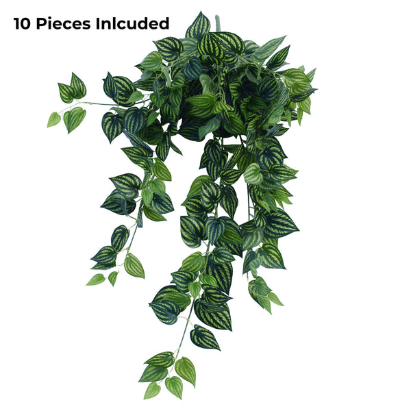 Set of 10 artificial watermelon peperomia hanging vines, designed for versatile greenery displays in homes, offices, or outdoor spaces.