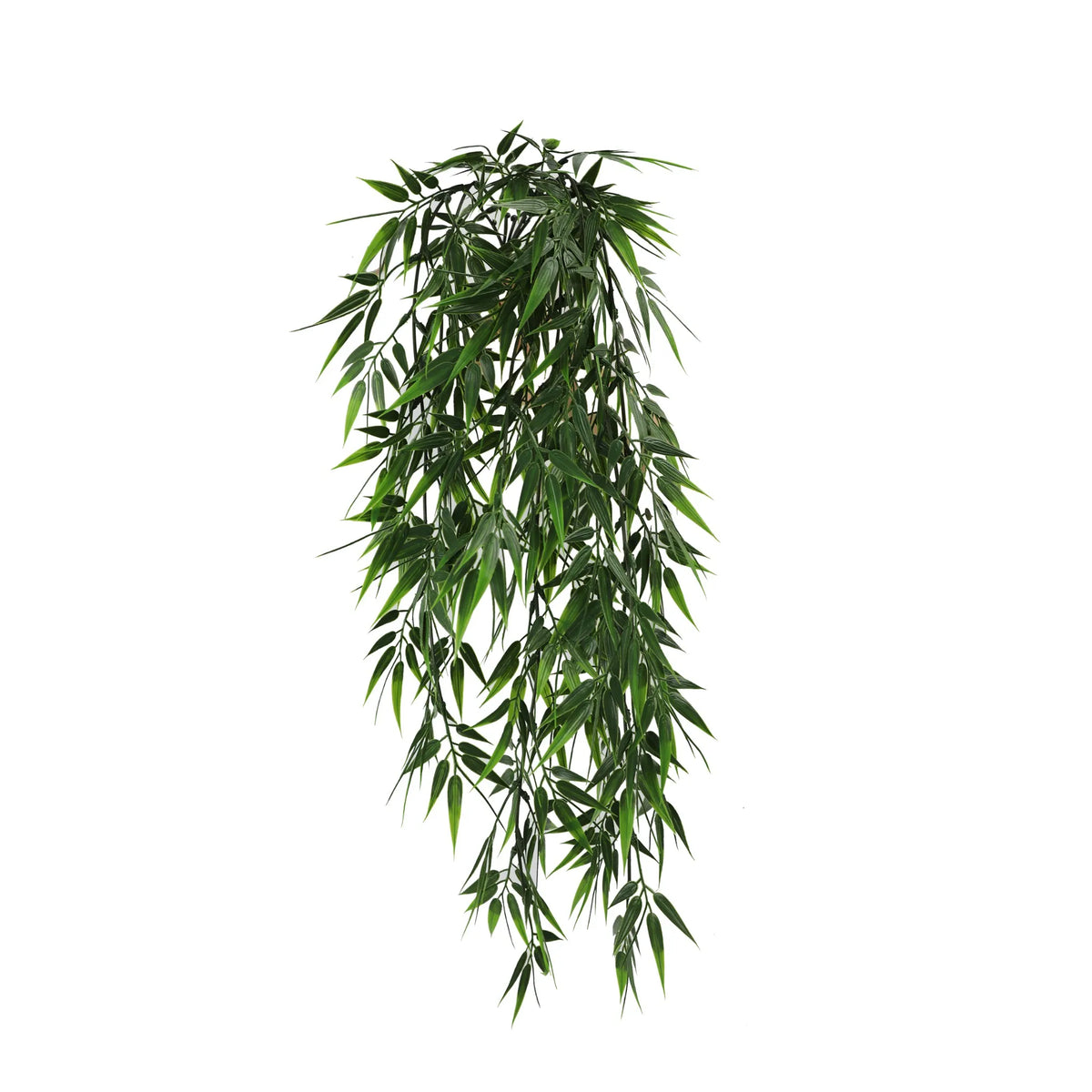 An artificial hanging bamboo leaf garland bush in dark green color.