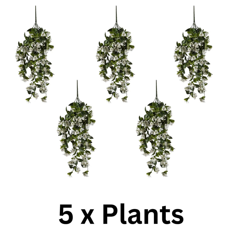 5 x (5 Pieces) Hanging White Artificial Bougainvillea Plant UV Resistant 35" with white flowers hanging from a white background.
