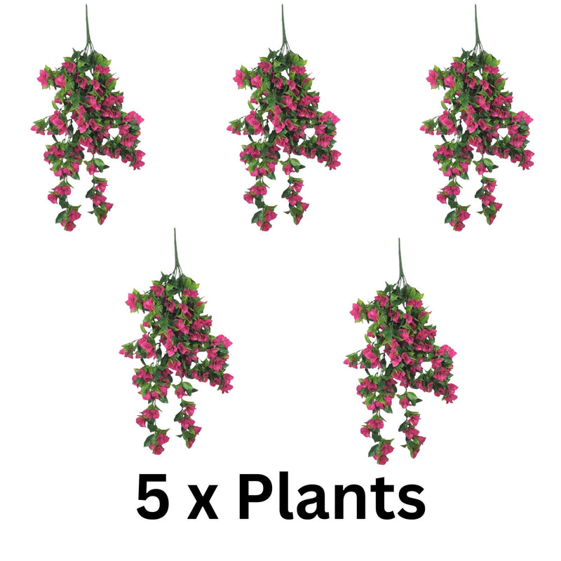 (5 Pieces) Vibrant Pink Hanging Artificial Bougainvillea Plant, UV Resistant 35" on a white background.