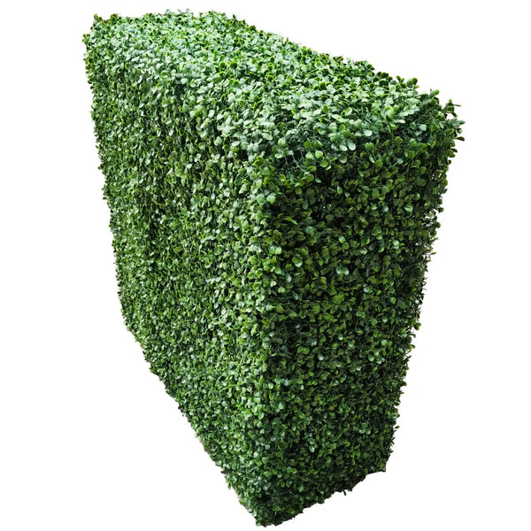 End view of a freestanding artificial boxwood hedge.