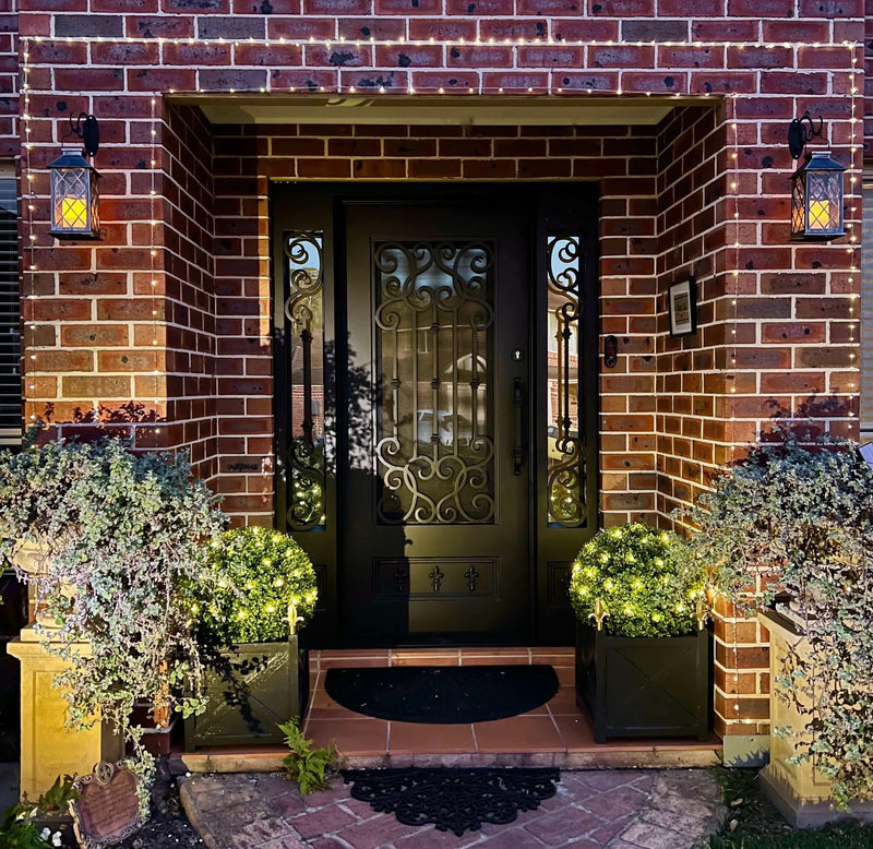 Artificial Topiary Ball on Black Planters By the Front Door