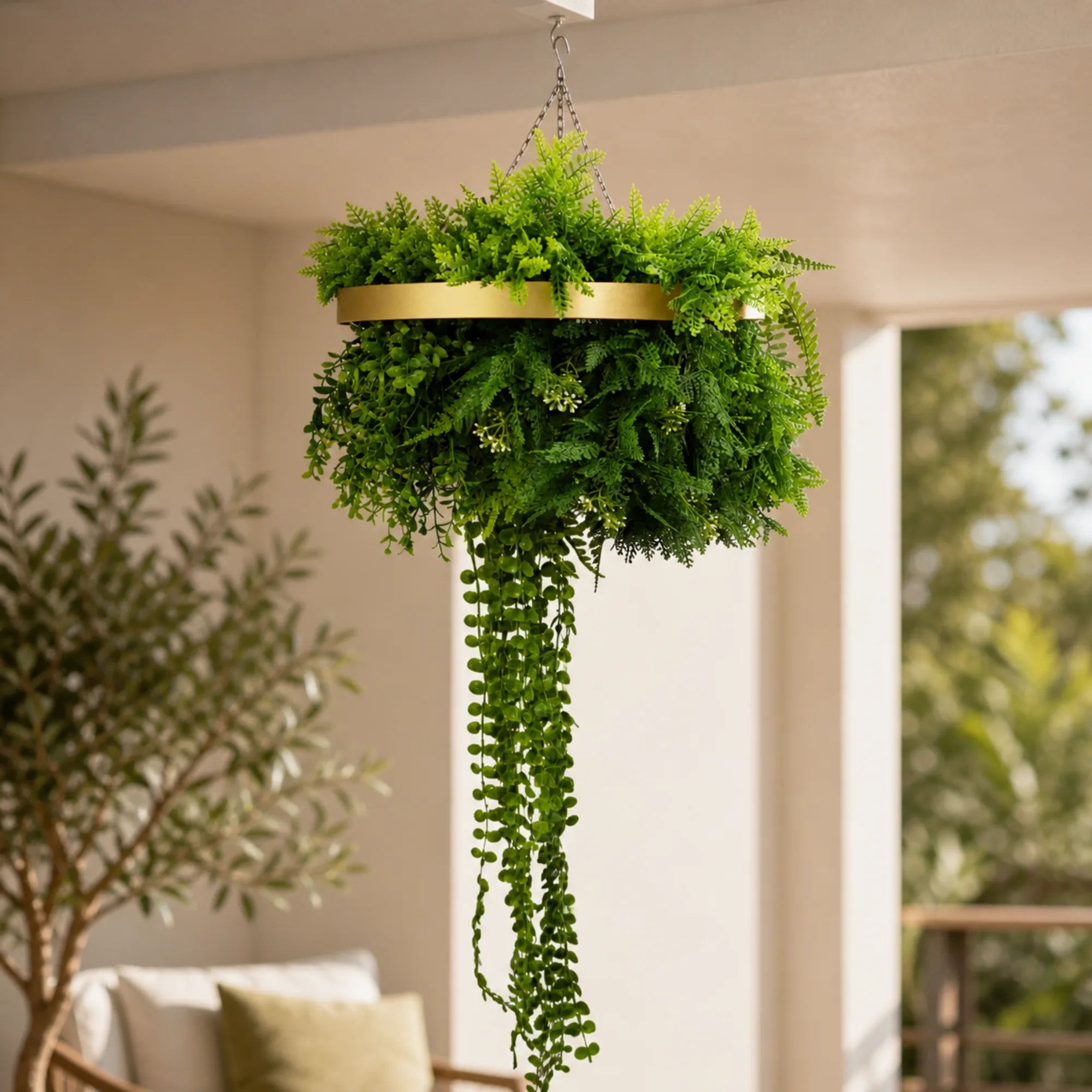 Close-up of a UV resistant artificial green wall disc with a gold frame, featuring dense green foliage and trailing greenery suspended indoors.
