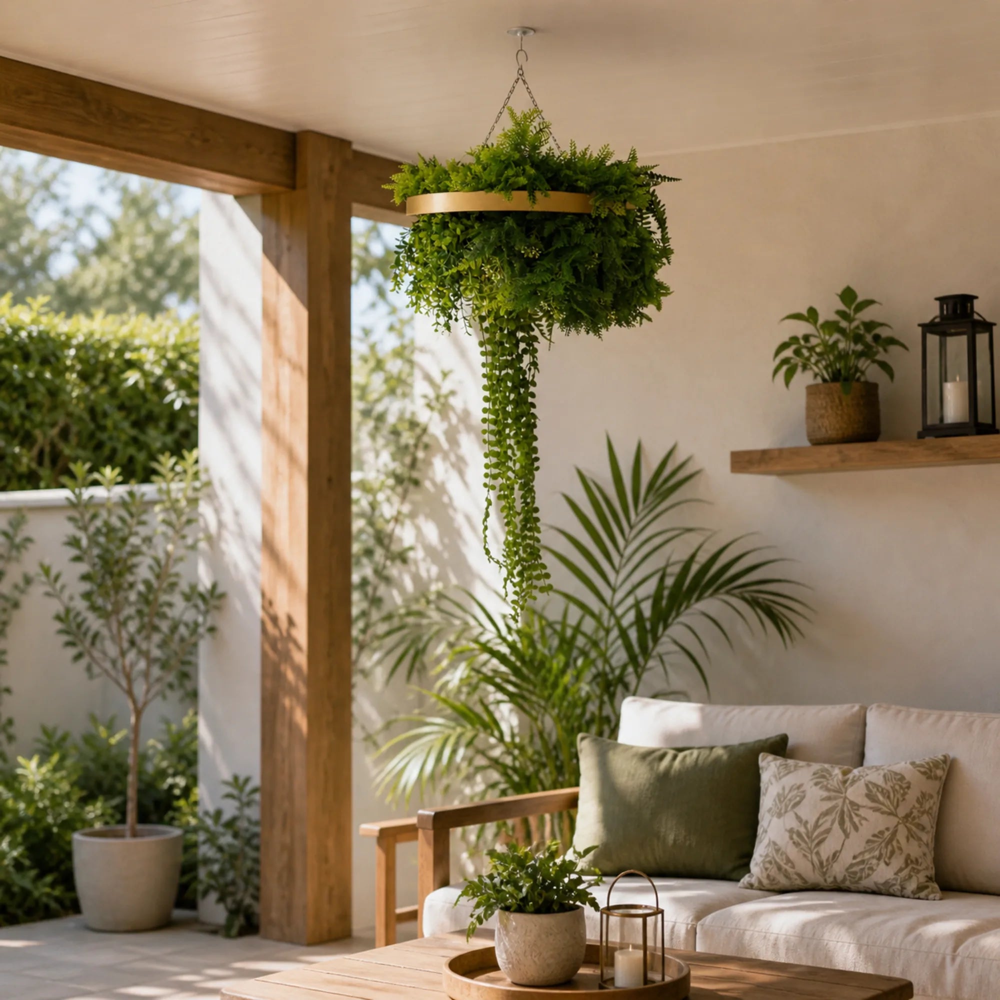 UV resistant artificial green wall disc with gold frame and cascading greenery styled in a covered outdoor patio seating area.