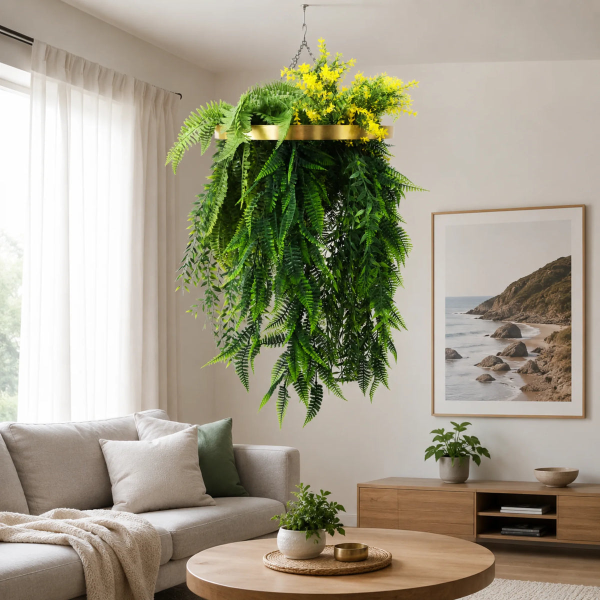 Gold framed artificial hanging plant chandelier with bright tropical foliage and draping ferns suspended in a modern indoor living room setting with UV resistant greenery.
