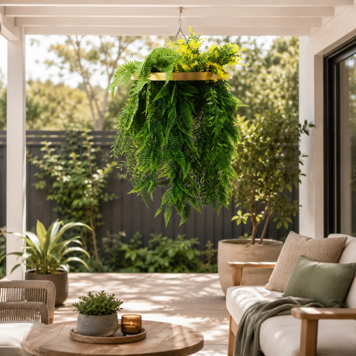 Artificial hanging plant chandelier with a gold circular ring frame, lush tropical foliage, and cascading fern greenery displayed in a covered outdoor patio with UV resistant plants.